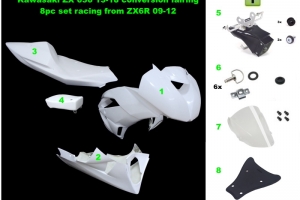 Kawasaki ZX-6R Ninja 2009-2012  Kompletní sada 5-dílná racing, GFK - Konverze SET pro model Kawasaki ZX6 636 2013-, GFK