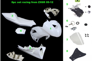 Kawasaki ZX-6R Ninja 2009-2012  Kompletní sada 5-dílná racing, GFK - Konverze SET pro model Kawasaki ZX6 636 2013-, GFK RACING