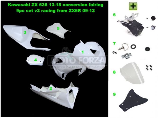 Kawasaki ZX-6R Ninja 2009-2012  Kompletní sada 6-dílná racing, GFK - KONVERZE SET ZX6 636 13-