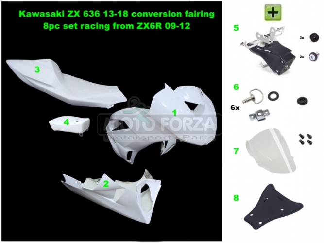 Kawasaki ZX-6R Ninja 2009-2012  Kompletní sada 5-dílná racing, GFK - Konverze SET pro model Kawasaki ZX6 636 2013-, GFK