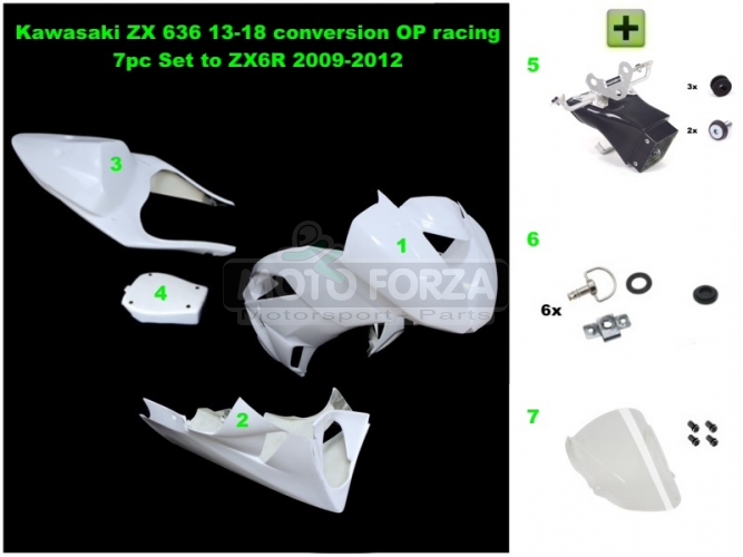 Kawasaki ZX-6R Ninja 2009-2012  Kompletní sada 5-dílná racing OP, GFK - KONVERZE SET ZX6R 636 13- 